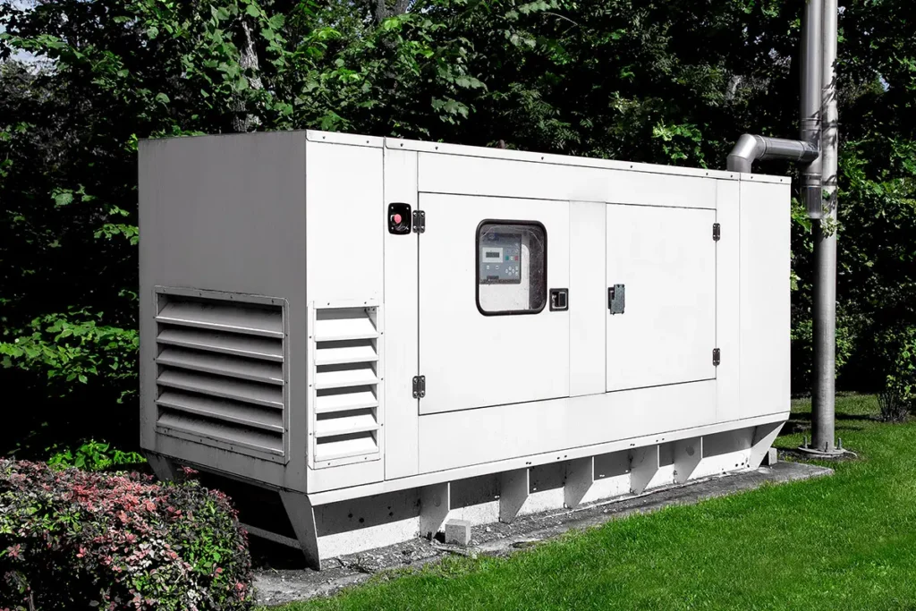 Large standby generator installed outdoors, providing backup power for homes and businesses.