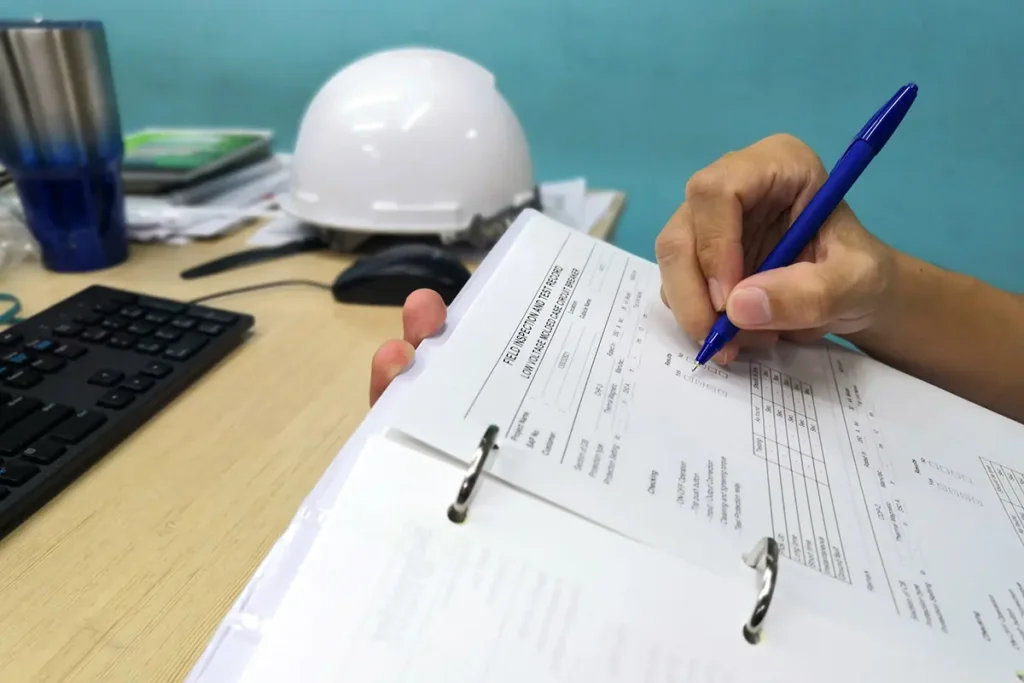 Electrician reviewing field inspection and test reports at a desk with a hard hat in the background.