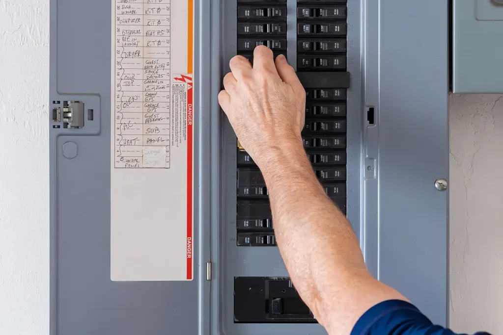 Electrician adjusting a circuit breaker in an electrical panel during an upgrade.