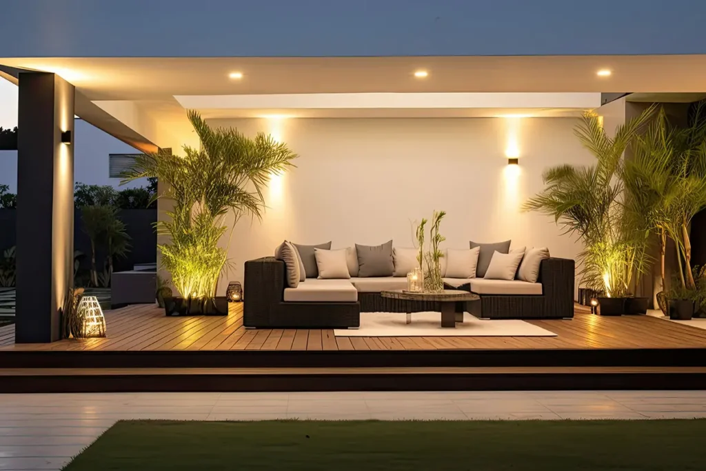 Modern outdoor patio with ambient lighting and lush greenery, creating a serene evening atmosphere.