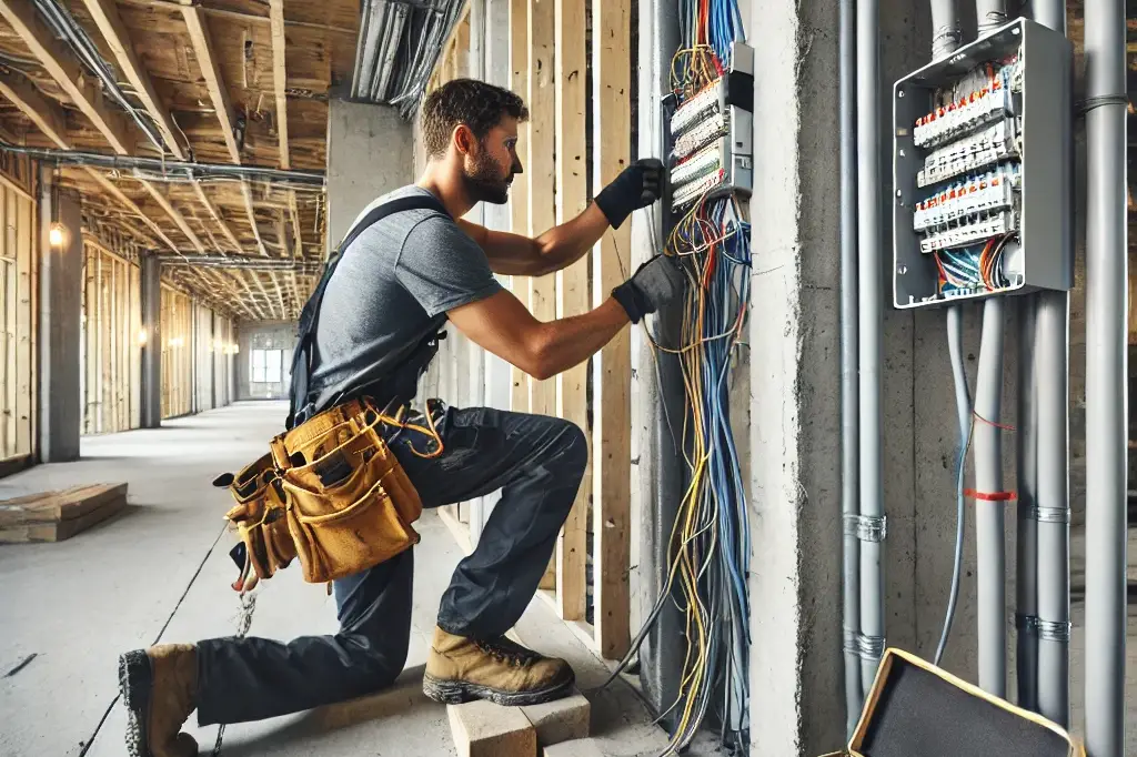 Electrician installing wiring in a new construction building with exposed walls and electrical panels.